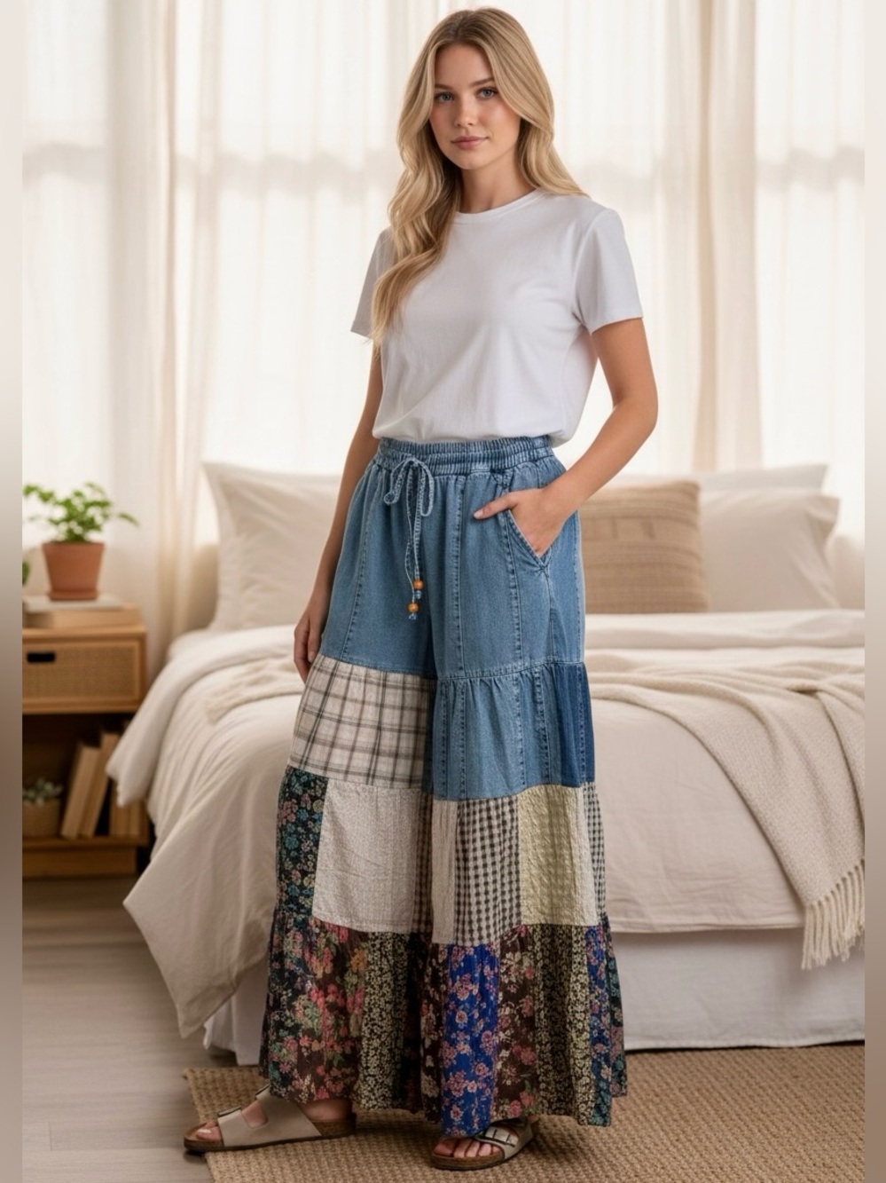 Young Threads Wide Leg Boho Patchwork Pants – Blue Denim Panel NWT